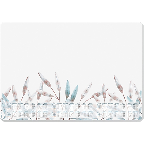 Weisses Mousepad mit Blättern und Jahreskalender unten.