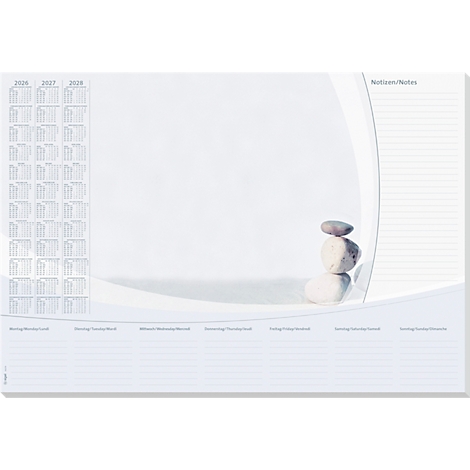 Minimalistisches Tischset mit Stapelsteinen und Kalender. Weisser Hintergrund mit horizontalen Linien und Monatsnamen.
