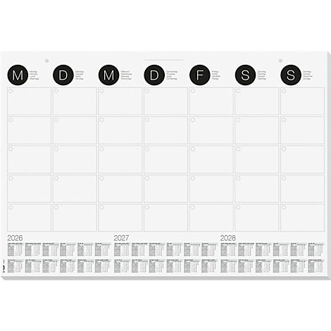 Ein weisser Kalender mit Monats- und Jahresübersicht. Oben sind die Wochentage abgekürzt.