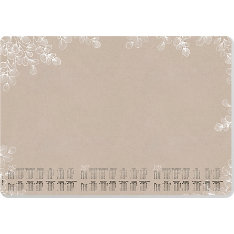 Beige-farbiger Kalender mit floralen Verzierungen. Oben und an den Ecken sind weisse Blätter dargestellt, unten kleine Kalenderfelder.