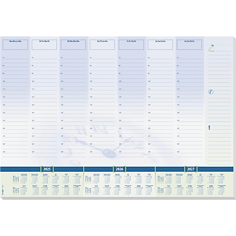 Blau-weisser Wochenplaner mit Datumsangaben für 2025, 2026 und 2027. Das Raster ist mit Tageszeiten versehen.