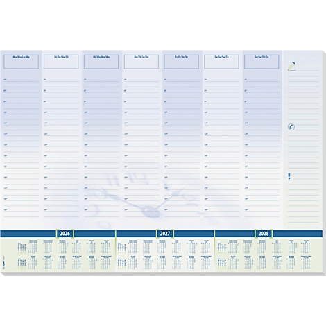 Wochenplaner mit blau-weissem Hintergrund. Kalender für 2026, 2027 und 2028. Zeitangaben von 7 bis 20 Uhr. Uhren-Symbol.