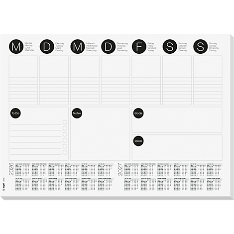 Wochenplaner mit Tag- und Datumsangaben, Notizen, Zielen und Ideen, umrahmt von Kalendern der Jahre 2026 und 2027.