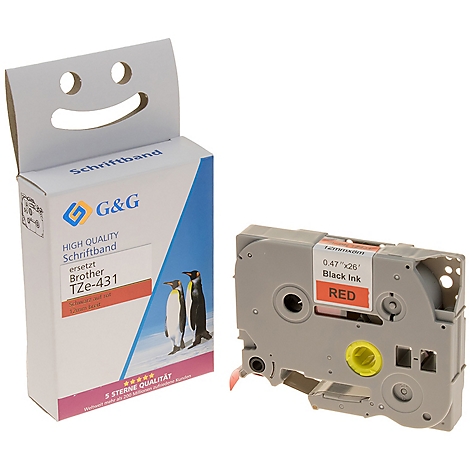 Grauer Beschriftungsband-Kassette und Verpackung mit Pinguin-Motiv. Aufschrift: "RED Black Ink".