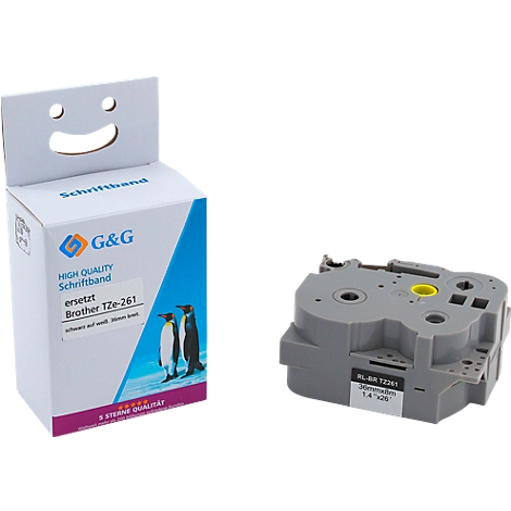 Graues Schriftband und Verpackung von G&G. Auf der Verpackung: Schriftband, Pinguine, Texthinweise.