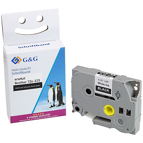 Een verpakking met etikettentape van G&G met daarnaast een labelmaker. Pinguïns op de verpakking en een verwijzing naar de vervanging voor Brother TZe-325.
