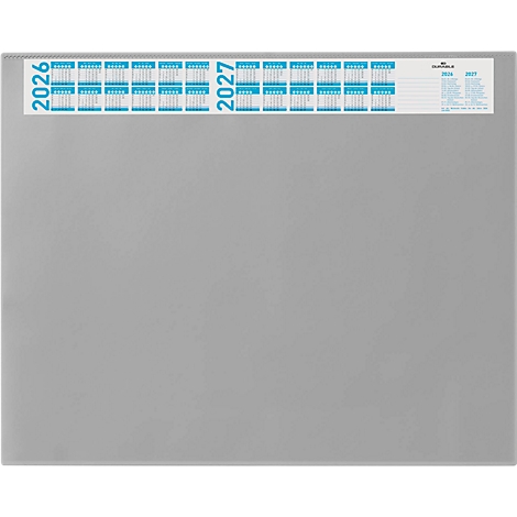 Grijze kalender met blauw-witte maandoverzichten voor 2026 en 2027.
