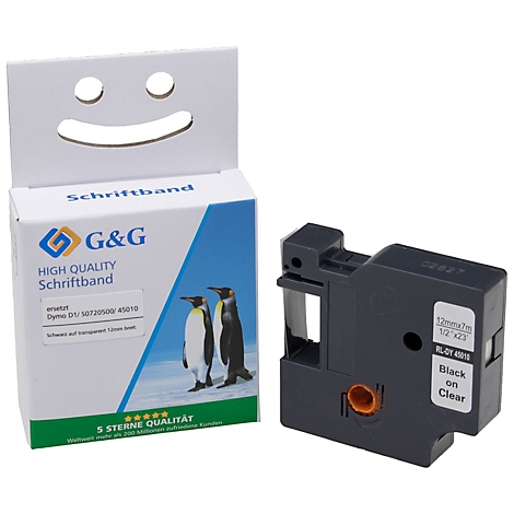 Zwarte etikettentape met transparante tape. Op de verpakking: belettering, pinguïns, 5-sterrenkwaliteit.