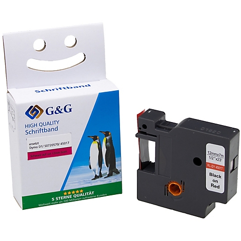 Zwarte etikettentape en etiketteermachine. Pinguïns op de verpakking.