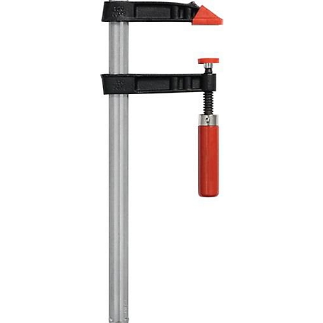 Een lijmklem met een zwart frame, zilveren stang en rode handgreep en uiteinden.