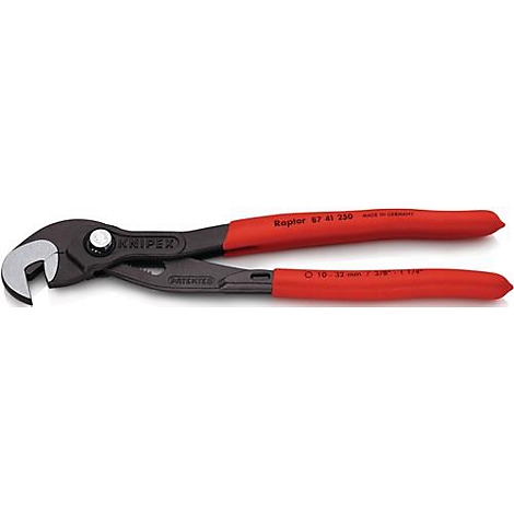 Knipex waterpomptang, rood-zwart met rode handgreep. Opschrift: Raptor 87 41 250. Maximale opening: 32 mm.