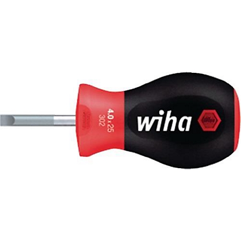 Korte schroevendraaier met rode en zwarte handgreep. Opschrift: Wiha. Afmetingen: 4.0x25.