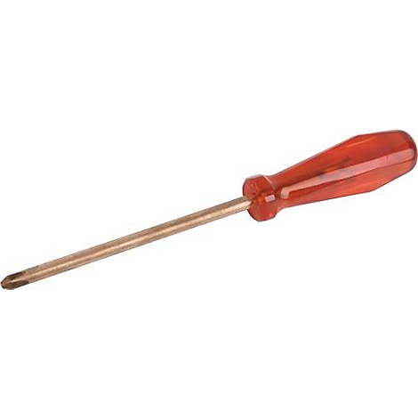 Een Torx schroevendraaier met een rode transparante handgreep en een zilveren punt, iets gekanteld.