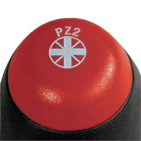 Rode schroevendraaierkop met wit Union Jack logo en PZ2 belettering.