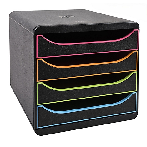 Schwarzer Dokumenten-Organizer mit bunten Schubladen (Pink, Orange, Grün, Blau).