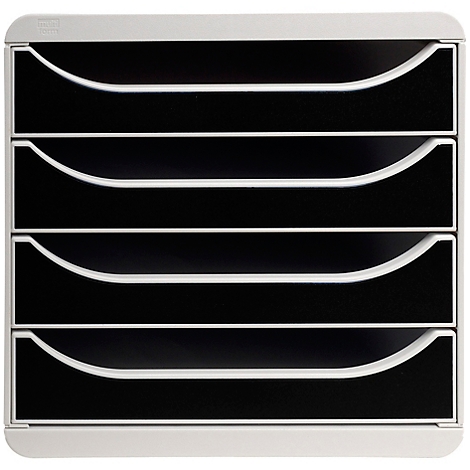 Hellgrauer Briefkorb mit vier schwarzen Fächern. Jedes Fach hat eine bogenförmige Öffnung.