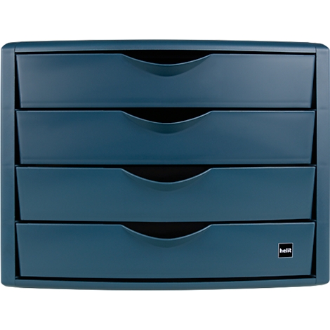 Blaue Schubladenbox mit vier Schubladen, helit Logo unten rechts.