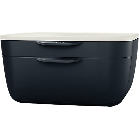 Blaue Brotdose mit cremefarbenem Deckel. Zwei Griffe, Aufschrift 'Leitz'.