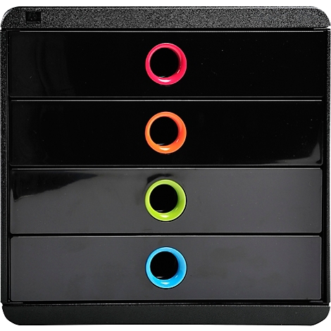 Schwarzer Schubladenschrank mit farbigen Griffen: pink, orange, grün, blau.