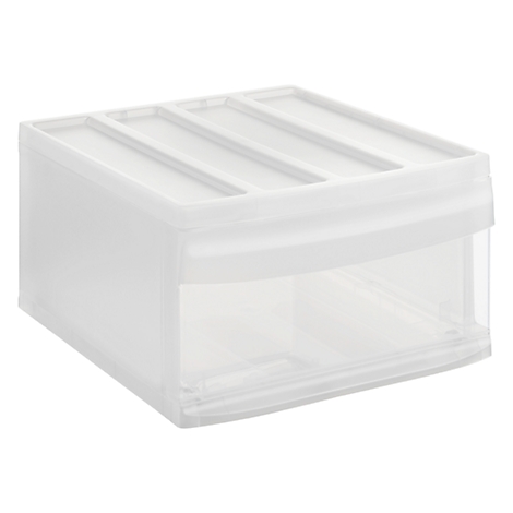 Weisse Aufbewahrungsbox mit Deckel und Schublade, transparente Vorderseite.