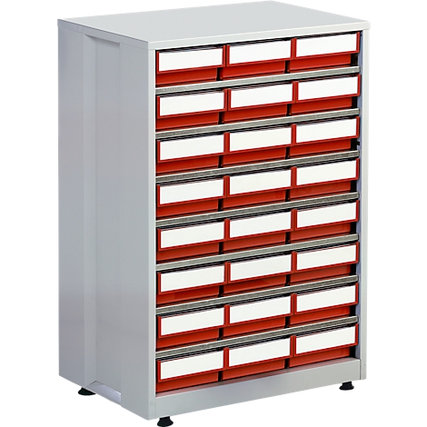 Grauer Schrank mit vielen Schubladen, rot und weiss. Ideal für die Aufbewahrung und Organisation.