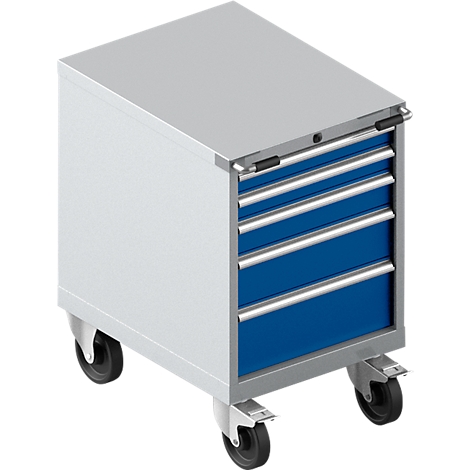 Werkzeugschrank auf Rollen mit vier blauen Schubladen und silberfarbenen Griffen.