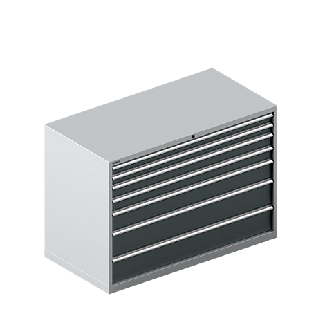 Werkzeugschrank, grau, mit dunklen Schubladen. Oben ein Schlüsselloch.