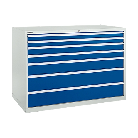 Blau-weiß lackierte Werkzeugschrank mit Schubladen. Sieht robust aus.