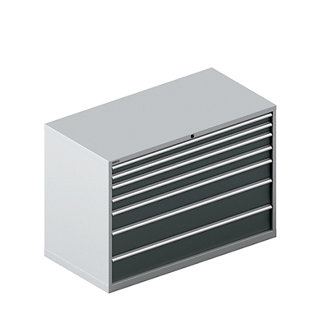 Werkzeugschrank mit mehreren Schubladen, grau, von schräg oben.