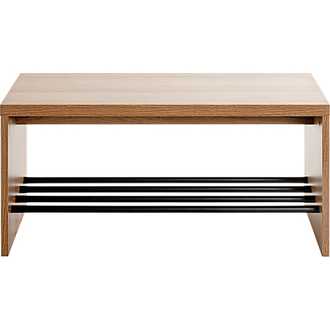 Hocker mit Holzoberfläche und schwarzen Querstreben darunter.