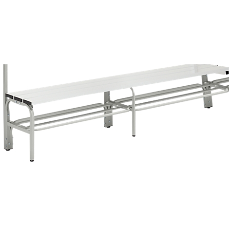 Weiße Sitzbank mit Ablage und Gestell. Minimalistisches Design für Umkleiden.