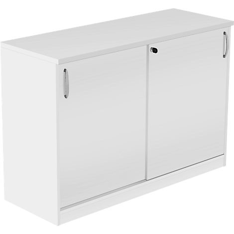 Witte kantoorkast met twee schuifdeuren en zilveren handgrepen.
