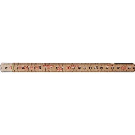 Een houten vouwliniaal met rode cijfers. De schaal loopt van 0 tot 22, waarbij elk getal in een vakje staat.