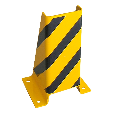 Protection d'angle jaune et noir pour machines et bâtiments, rayures obliques. Avec pied pour fixation.