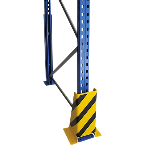 Montant d'étagère bleu avec protection contre les chocs jaune et noir. Vis et entretoises en acier.
