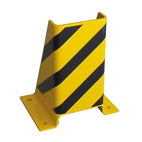 Protection d'angle jaune et noir à rayures diagonales. La base comporte des trous de montage.