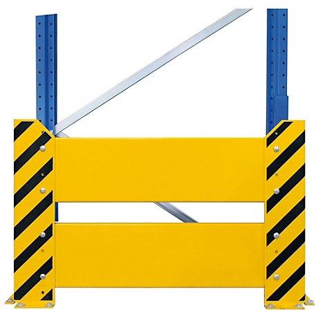 Yellow shelf protection with black stripes. Mounted on two columns.