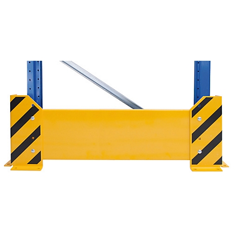 Yellow safety device with black diagonal stripes, mounted on blue metal supports.