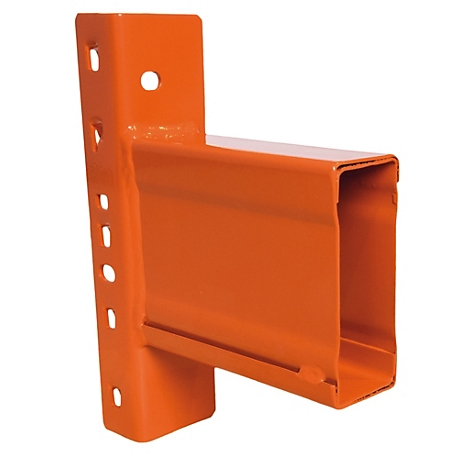 Orange metal shelf bracket with holes and a square shape.