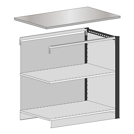 Technische tekening van een plank met drie planken, steunstangen en een bovenplaat.