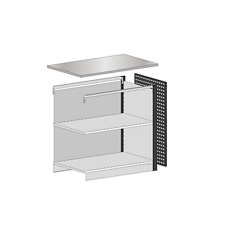 Exploded view van een winkelrek met drie planken, een raster en een extra plank.