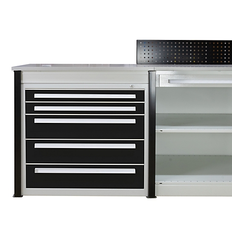 Werkbank met laden en plank. Zwart-wit design, geperforeerd plaatstaal, robuuste uitstraling.