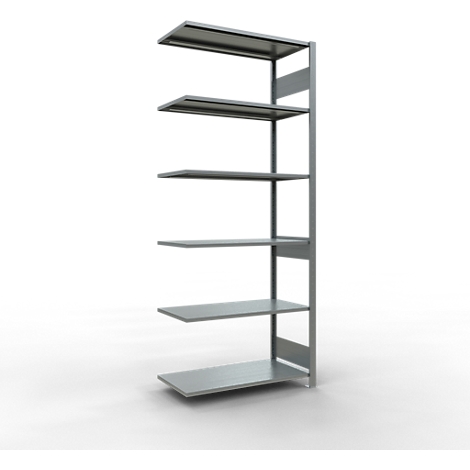 Estante de metal gris con seis estantes, aislado sobre fondo blanco.