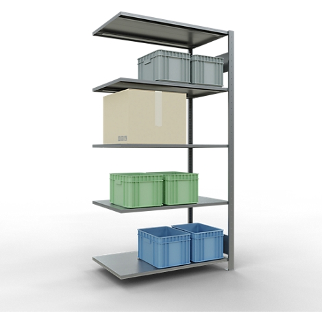 Una estantería de metal gris con múltiples niveles, llena de cajas de cartón y cajas de plástico azules y verdes.