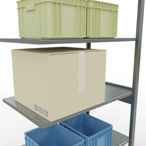 Una estantería con varios contenedores y cajas. Hay cajas verdes en la parte superior, una caja de cartón grande debajo y cajas azules.