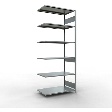 Estantería metálica gris, compuesta por seis estantes fijados a un soporte vertical. El fondo es blanco.