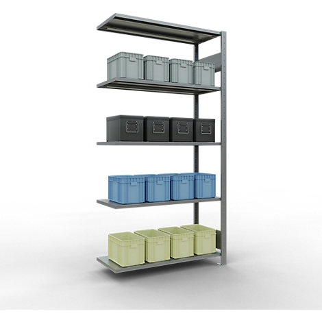 Estantería metálica con cajas de plástico azules, grises, negras y amarillas.