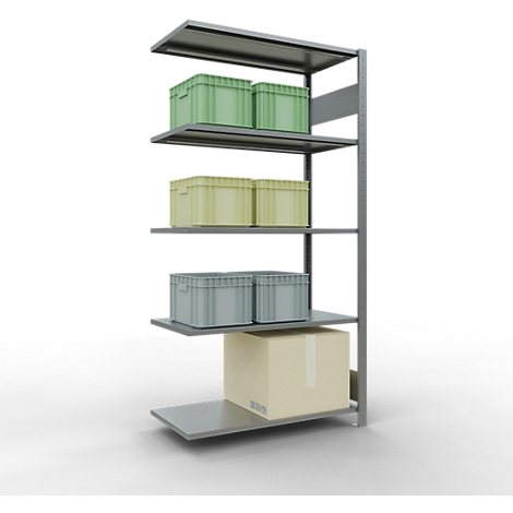Una estantería gris con varios niveles, llena de cajas verdes, amarillas y grises, y un paquete de cartón.