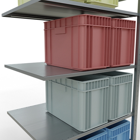 Estantería con varias cajas de diferentes colores. Las cajas están en cada nivel.