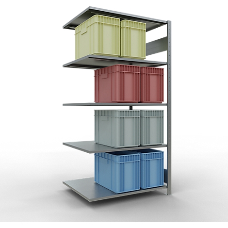 Estantería metálica con cajas de colores: amarillo, rojo, gris y azul. Las cajas están en diferentes niveles.